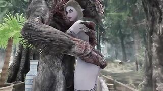 A dark elf is having fun with a troll in Skyrim