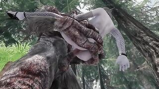 A dark elf is having fun with a troll in Skyrim