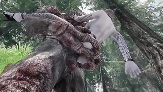 A dark elf is having fun with a troll in Skyrim