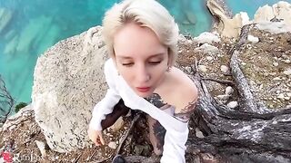 The cute girl passionately sucks her ex-boyfriend's big dick on the shore
