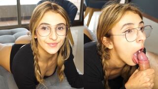 The cute girl received a huge dick in her throat and got a warm throat pie
