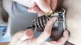 Prostate milking with chastity e-stim and sound