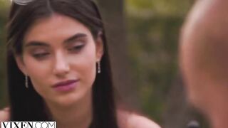 Stefany, a shy brunette from VIXEN, is overwhelmed by desire in an intense scene
