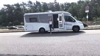 Public cum shot after sex in wetlook leggings on the A1 motorway