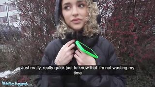 Curly-haired Spanish babe gets fucked in the hallway for cash by Public Agent