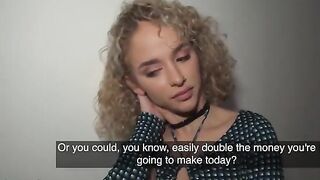 Curly-haired Spanish babe gets fucked in the hallway for cash by Public Agent