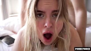The girl with a nice figure has an amazing ability to roll her eyes