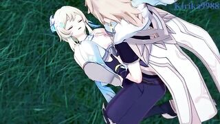 Aether and Futa Lumine fuck in the meadow at night - Genshin Impact Hentai