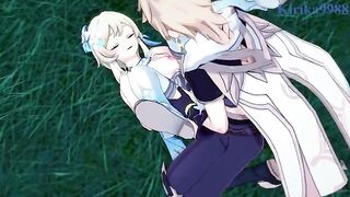 Aether and Futa Lumine fuck in the meadow at night - Genshin Impact Hentai