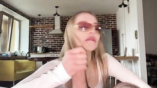 Pretty woman has sex with her boyfriend and makes a mess on her glasses