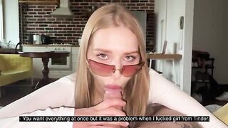 Pretty woman has sex with her boyfriend and makes a mess on her glasses