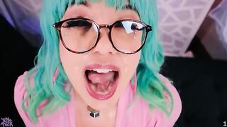 Sticky jizz on face with Little Puck, the cum-loving nympho with massive boobs