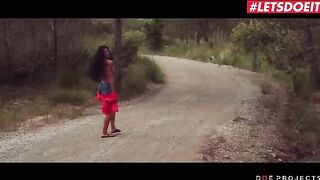 Petite brunette Alexa Tomas pisses in public before giving a deepthroat blowjob in this steamy scene