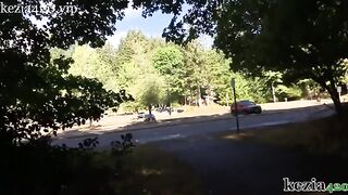 Kezia teaches how to squirt on the sidewalk in the park