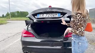 Babe buys a used car and fucks the seller in it, chatting Italian