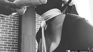 BDSM with a sex slave tied up and getting fucked by a huge dildo