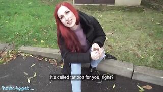 Redhead Brit shows off her pierced tits for cash in a daring Public Agent setup