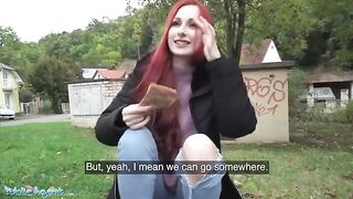 Redhead Brit shows off her pierced tits for cash in a daring Public Agent setup
