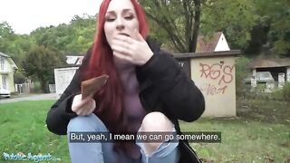 Redhead Brit shows off her pierced tits for cash in a daring Public Agent setup