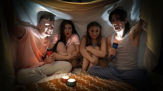 Two naughty boys scared and fucked Aubrey Valentine and Penelope Kay in a story