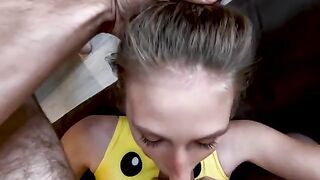 The cute girl has a tough cock and gets hurt by it