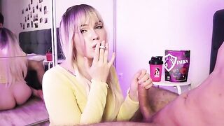 A pretty woman either smokes a cigarette or sucks a dick in this hot video
