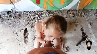 A cute girl met a guy and went on an adventure, getting intimate in a daring spot