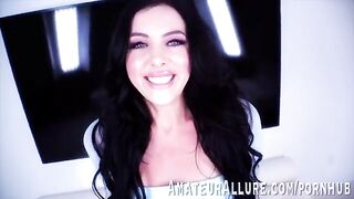 Theodora Day, sexy brunette with blue eyes, sucks and rides cock