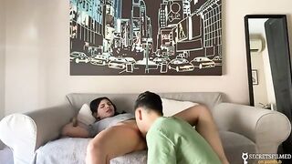 The guy roughly fucked his stepsister on the living room sofa