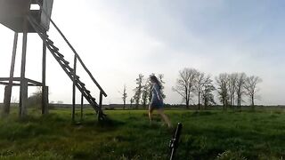 A girl was fucking on the hunting stand and got cum in her mouth
