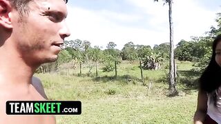 Ebony babe Adrian Maya gets fucked by a worker in the garden
