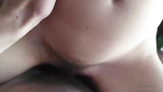 Skinny girl on vacation, pumping cock and swallowing cum in romantic POV