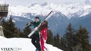 The skier Sonya has passionate sex with her partner in the Alps