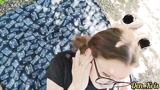 Hot schoolgirl gets a lot of warm cum on her face and hair