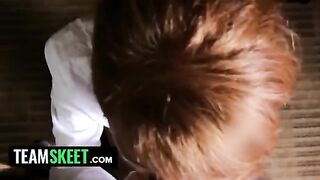 Redhead housekeeper Abbey Rain gets on her knees and takes it deep