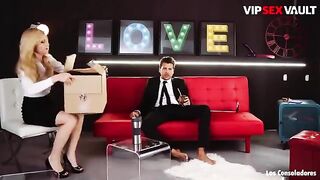Petite brunette Claudia Bavel learns to love a hot threesome