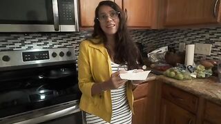 My stepmom's big ass beats me up in the kitchen when my dad's not around