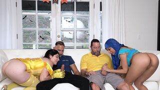 Two hot stepdaughters in costumes getting fucked by their daddies