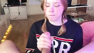 A cute student gently sucks and loves the cum, showcasing her skills