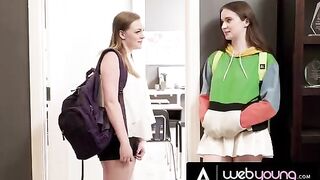 Horny teen Hazel Moore eats her busty bestie Samantha Reigns' pussy in classroom