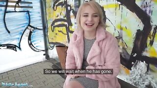 Short haired blonde bus stop pick up for cash with Public Agent
