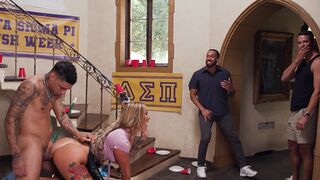 Busty housekeeper gets fucked hard by a group of college frat boys