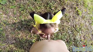 A hot guy has tender sex with a Japanese girl in the open