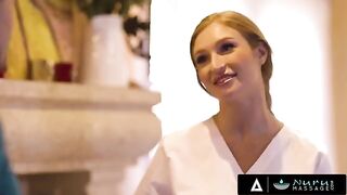 The busty redhead Skylar Snow gets her tits fucked and spread for a happy client in a sensual Nuru Massage scene