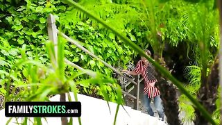 Two naughty teens caught painting each other’s tits on 4th of July in a taboo scene
