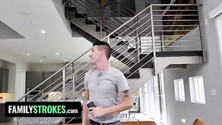 Step sister with huge natural boobs Sarah Bella gets her two stepbrothers' cocks