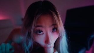 Hot Asian teen Raya Steele massages cock with her throat