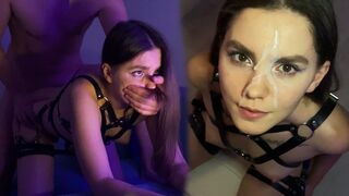 A pretty brunette gets cum on her face after riding my dick