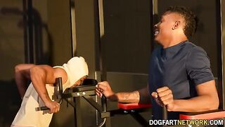 Kay Carter gets fucked by two black guys in the gym with her husband watching
