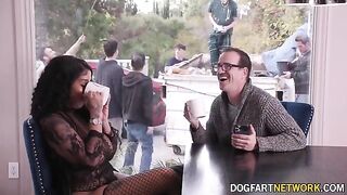 Ebony babe Paris The Muse gets her mouth full of ten dicks